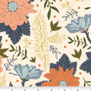 May include: A seamless pattern featuring a stylized bird with gold wings and a crown, flying over a background of blue and orange flowers, green leaves, and cream-colored dots.