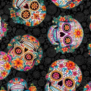 Skullduggery - Sugar Skulls Toss by QT Fabric // Quilting Cotton // Cotton Woven // 100% cotton // Dia De Los Muertos Fabric