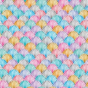 May include: A colorful pattern featuring a repeating seashell design. The shells are arranged in a scale-like pattern and are in shades of pink, blue, yellow, and purple. The design has a textured appearance, with each shell having a fan-like structure.