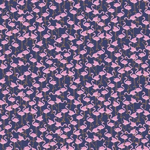 May include: A repeating pattern of pink flamingos with gold legs and beaks on a dark blue background. The flamingos are in various poses, creating a lively and tropical design. This pattern is suitable for fabric, wallpaper, or other decorative applications.