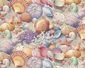 Race to Safety - Multi Shells by Elizabeth's Studio Fabric // Quilting Cotton // 100% cotton // Beach Fabric // Seashell Fabric