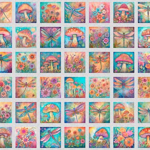 Spring Bling - Butterfly, Floral & Mushroom Picture Patches Panel by QT Fabric // Quilting Cotton // 100% Cotton Woven // Charm Pack Panel