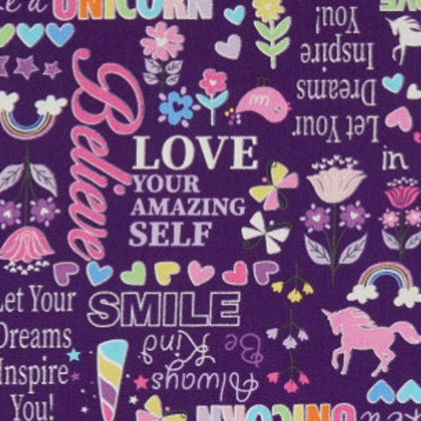 Kanvas Magical Words Purple Fabric // Quilting Cotton // Cotton Woven // 100% cotton // Unicorn Fabric