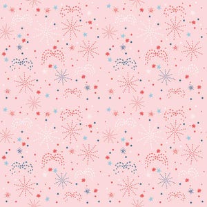 May include: A repeating pattern of stylized fireworks and starbursts in red, white, and blue on a light pink background. The design includes dotted lines and small dots, creating a festive and celebratory feel.
