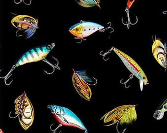 May include: A black background with a variety of colorful fishing lures. The lures are made of plastic and metal and feature different designs, including fish, insects, and other creatures. Some of the lures have feathers and other decorative elements.