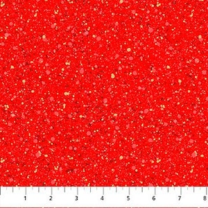May include: Red fabric with a speckled pattern of small yellow and white dots.