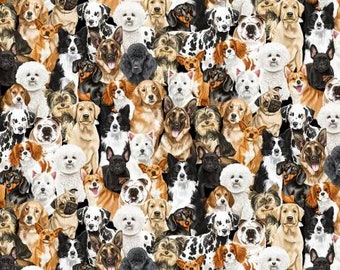 May include: A colorful pattern of various dog breeds, including a poodle, a bulldog, a dalmatian, a golden retriever, and a German shepherd. The dogs are all facing forward and have a variety of expressions.