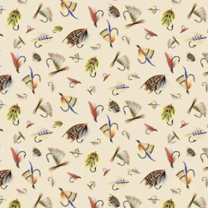 May include: A repeating pattern of watercolor fishing flies in various designs and colors, including red, yellow, blue, and brown. The flies are scattered across a cream-colored background, creating a textured effect.