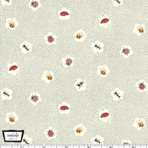 May include: White fabric with a repeating pattern of black dots, red ladybugs, yellow and black bees, and black ants. The fabric has a ruler printed at the bottom.