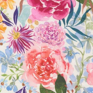 May include: A vibrant floral pattern featuring watercolor-style flowers in shades of pink, orange, purple, and blue. The design includes large peonies and smaller blossoms with green foliage against a white background.