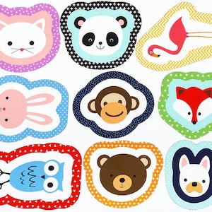 May include: A set of nine colorful, illustrated animal faces, each with a different pattern around the edge. The animals include a cat, panda, flamingo, bunny, monkey, fox, bear, dog, and owl.