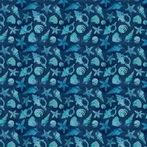 May include: Sea-themed pattern with blue and teal watercolor illustrations of seashells, starfish, and swirls on a dark blue background.