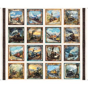 May include: A fabric panel featuring sixteen framed vintage train illustrations. Each square depicts a different train scene with mountains and sky backgrounds. The artwork has a watercolor-like style with a rustic, aged appearance.