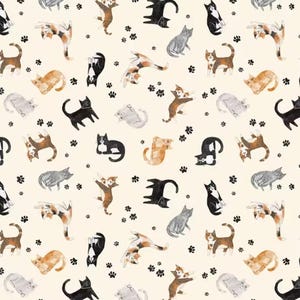 May include: A cream-colored fabric featuring a repeating pattern of various cat illustrations in different poses. The cats are depicted in shades of black, gray, brown, and calico, interspersed with black paw prints.