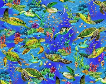 Aquarium Colorful Sea Turtle by Timeless Treasures Fabric // Quilting Cotton // Cotton Woven // 100% cotton // Coral Reef Fabric