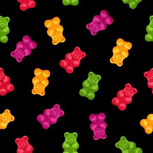 May include: A repeating pattern of colorful gummy bear candies in red, orange, green, and purple on a black background. The gummy bears are in various poses and orientations, creating a playful and vibrant design.