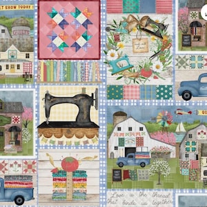 May include: A patchwork fabric design featuring quilting motifs, sewing machines, and rural scenes. The design includes a pink quilt block, a vintage sewing machine, and a blue pickup truck. The text "Love is the thread that binds us together" is also visible.