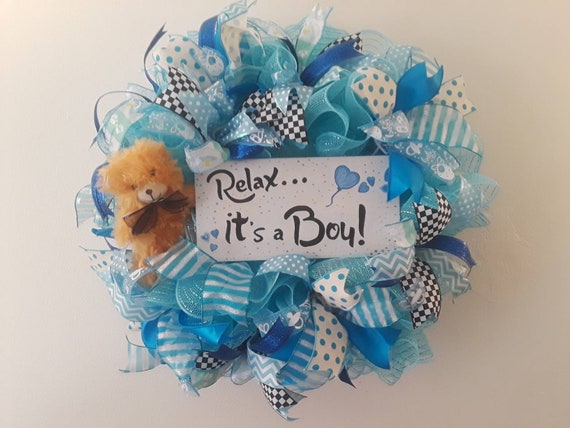 Baby Boy Wreath Hospital Door Hanger Gender Reveal Party Etsy