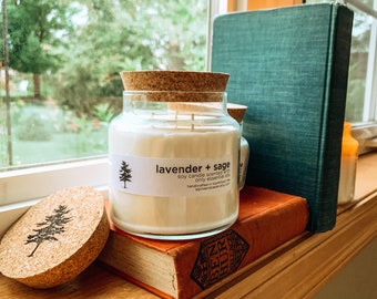 lavender + sage candle | 65+ hour burn time |24oz apothecary jar | essential oil candle | 3 wick candle | calming | non toxic | vegan candle