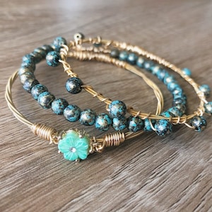 Bangle Bracelet Set | Stackable Bangle Bracelets | Guitar String Bracelets | Floral Jewelry | Stacking Bracelet | Jewelry For Her | Gold