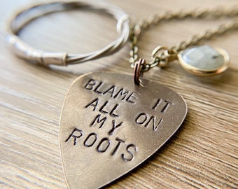 Custom Brass Guitar Pick Necklace: Repurposed String, Gemstone Charm