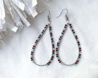 Premium Crystals Red Green White Beaded Guitar String Drop Earrings