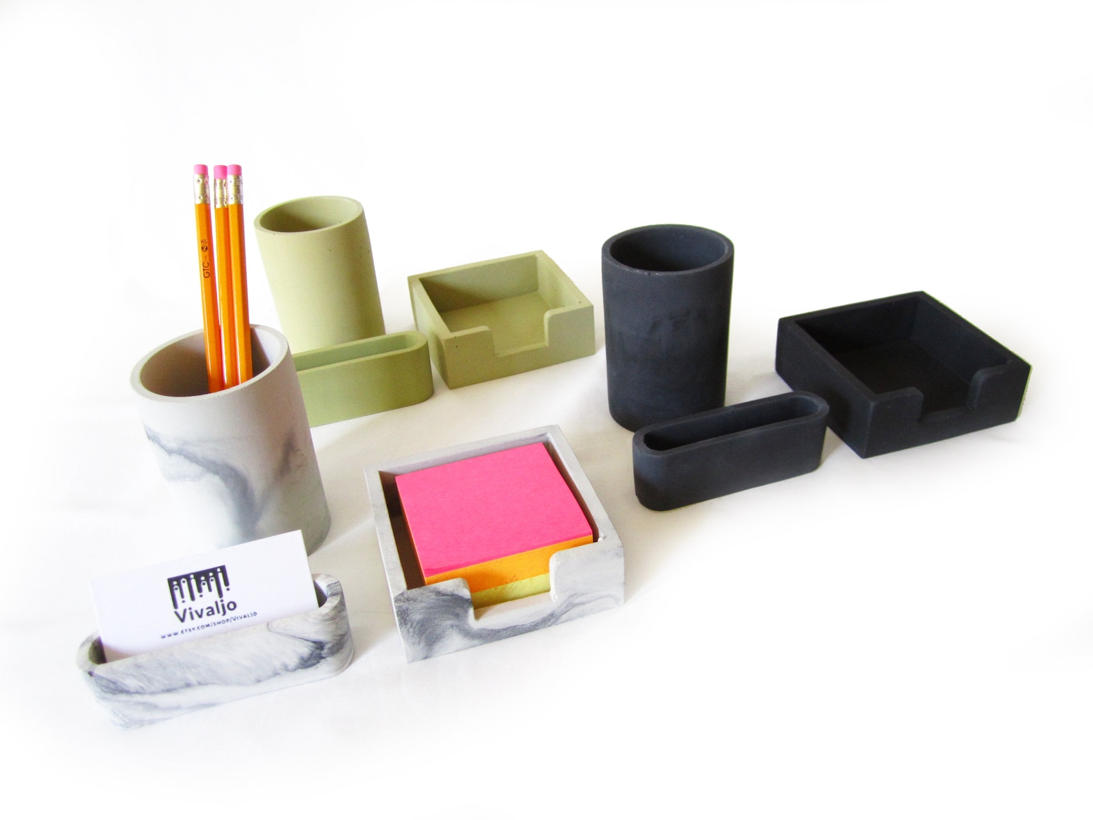 Concrete Desk Accessories Set Business Card Holder Pen Cup Etsy