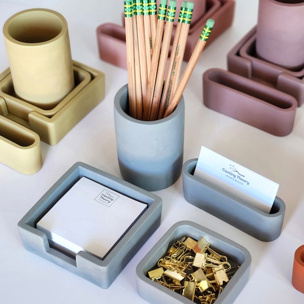 Desk Organizer set, Concrete Desk Accessories, Pen Holder, Sticky Note Holder, Paperclip Holder, Business Card Holder, Modern Office Decor