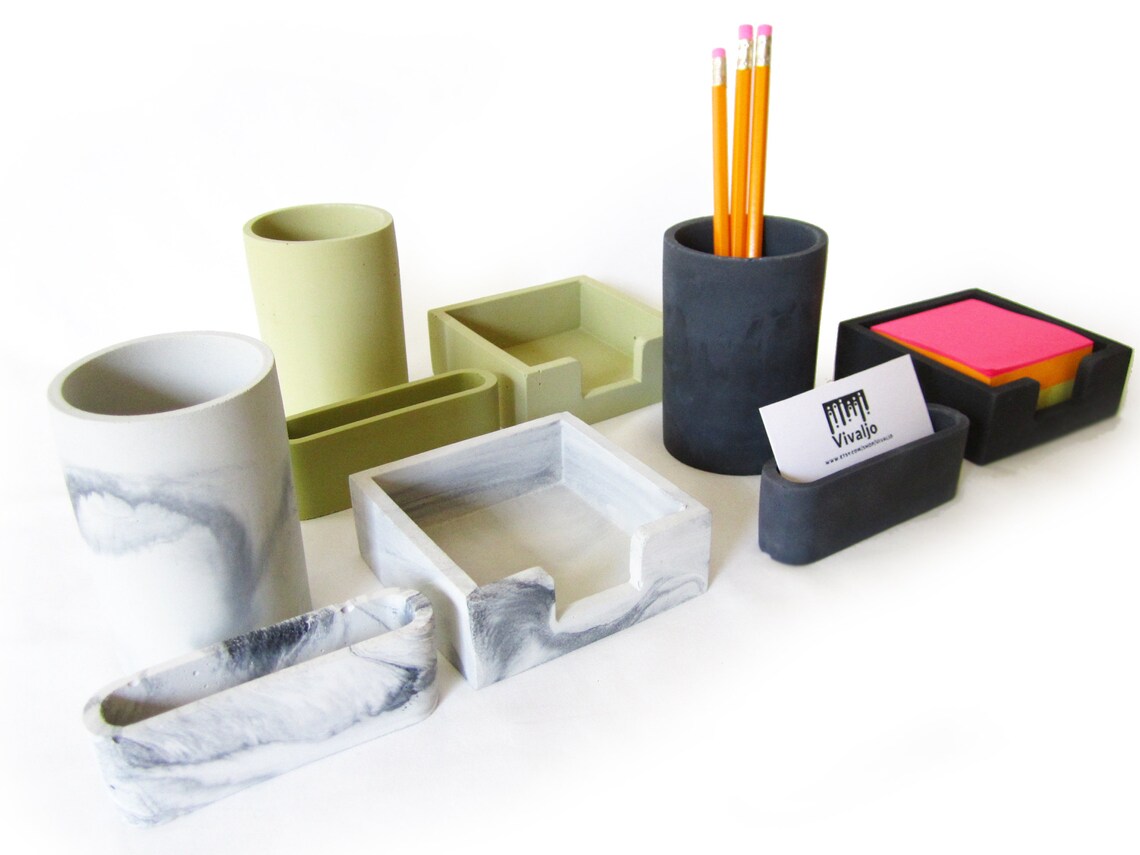 Concrete Desk Accessories Set Business Card Holder Pen Cup Etsy