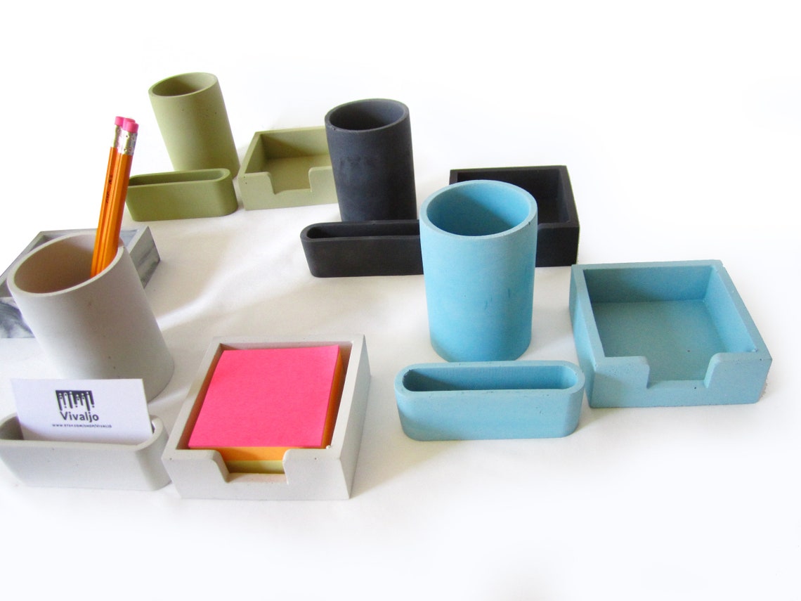 Concrete Desk Accessories Set Business Card Holder Pen Cup Etsy