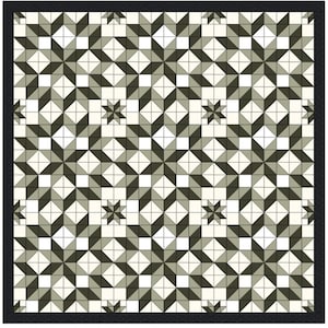 Puede incluir: Un patrón geométrico en blanco y negro con un diseño de estrella repetido. El patrón está formado por pequeños cuadrados y triángulos. El fondo es blanco y las estrellas son negras.