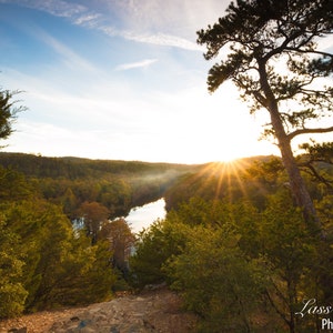 Könnte beinhalten: Eine malerische Aussicht auf einen Fluss, der sich durch einen Wald schlängelt, wobei die Sonne durch die Bäume scheint und einen Sterneneffekt erzeugt. Das Bild wurde von einem hohen Aussichtspunkt aus aufgenommen, mit Blick auf den Fluss und den umliegenden Wald.