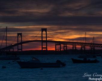 Zachód słońca, most Newport, Newport, Rhode Island