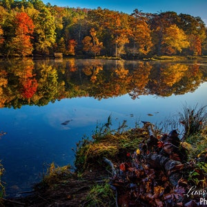 May include: A still lake reflecting the vibrant colors of autumn leaves on the trees lining the shore. The water is a deep blue, and the sky is a clear blue. The trees are a mix of red, orange, yellow, and green.
