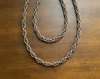 Bronze Byzantine Chainmail Necklace, 36” Bronze and Stormy Gray Byzantine Chain Chain, Hand-linked Chainmaille Necklace