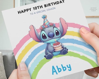 May include: A birthday card featuring a blue Stitch character wearing a party hat and holding a birthday cake. The card has a rainbow background and the text "Happy 10th Birthday to a special cousin Abby".