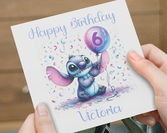 May include: A blue Stitch character from Disney's Lilo & Stitch holding a purple balloon with the number 6 on it. Confetti surrounds Stitch. The text "Happy Birthday Victoria" is on the card.
