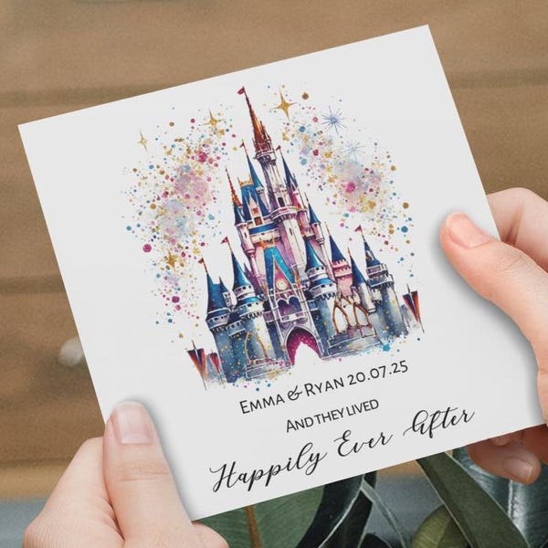 Tarjeta de boda con castillo de Disney - Tarjeta de felicitación - Feliz aniversario - Inspirada en Disney - Amor - Tarjeta de aniversario - Tarjeta de compromiso - Interior en blanco