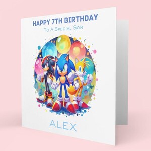A beautifully designed Sonic birthday card, a vibrant water colour Sonic walking with confidence holding a ballon with a personalised number on it. Reads thappy birthday to a wonderful son, personalisd name, Sonic Shadow, Tails