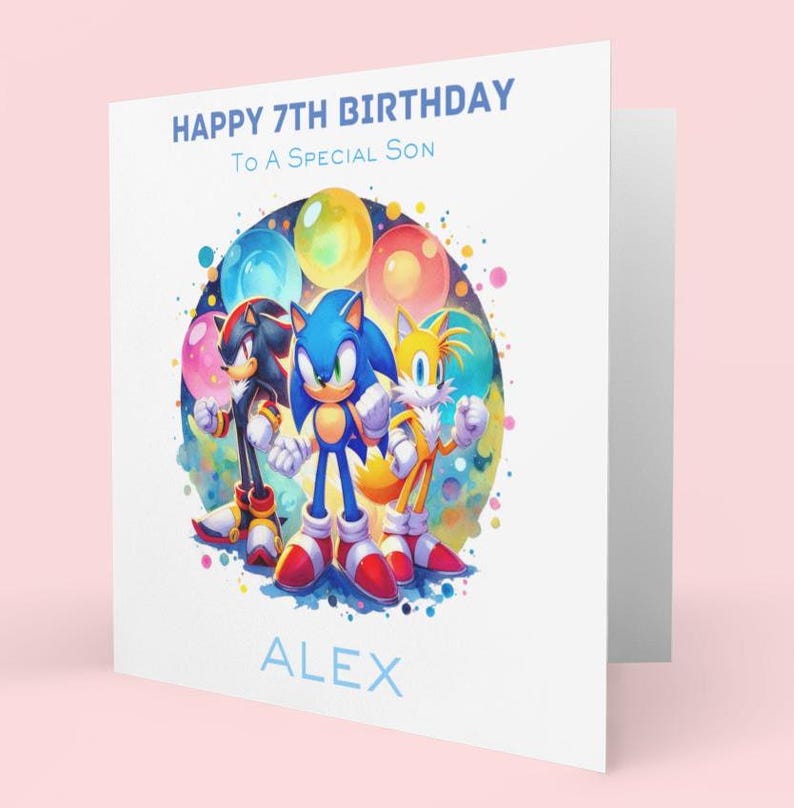 A beautifully designed Sonic birthday card, a vibrant water colour Sonic walking with confidence holding a ballon with a personalised number on it. Reads thappy birthday to a wonderful son, personalisd name, Sonic Shadow, Tails
