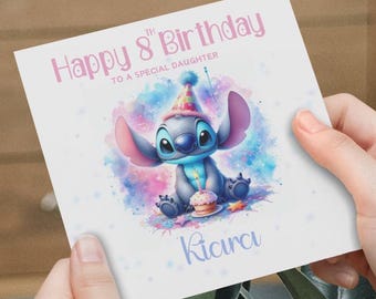 May include: A birthday card featuring a blue Stitch character wearing a party hat and holding a cupcake with a lit candle. The card has a watercolor background with pink, blue, and purple hues. The text on the card reads "Happy 8th Birthday to a special daughter" and "Kiara".