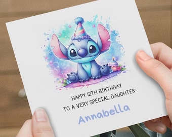 May include: A birthday card featuring a blue Stitch character wearing a party hat. The card has a watercolor background with pink, purple, and blue colors. The text on the card reads "Happy 12th Birthday to a very special daughter Annabella".