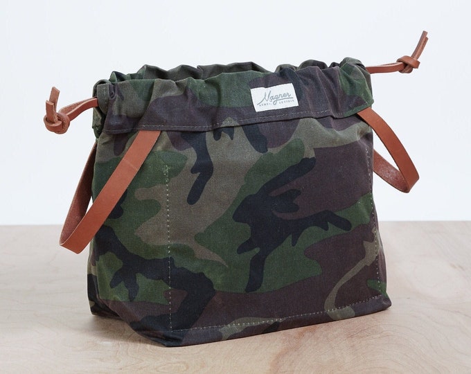 Knitting Project Bag, CAMOFLAUGE Waxed Canvas and Leather Project Bag, Knitting Bag, Yarn Bag, Crochet Bag, Craft Bag, Drawstring Bag