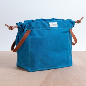 Ocean Blue Knitting Project Bag - Waxed Canvas with Leather Handles (2 sizes)