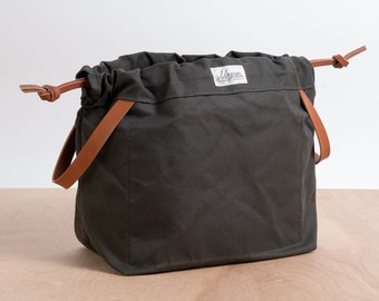Knitting Project Bag: Dark Green Canvas with Leather Handles (Original and Biggy size)