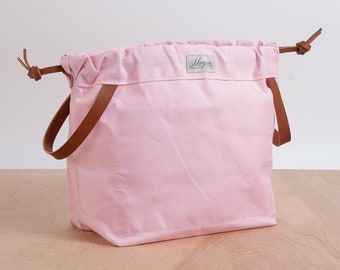 Knitting Project Bag LIGHT PINK Canvas and Golden Brown English Bridle Leather Project Bags for Knitting Made in USA