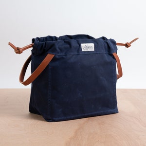 Navy Waxed Canvas Knitting Project Bag: Leather Handles, Made in USA