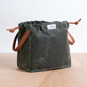 Knitting Project Bag, OLIVE GREEN Waxed Canvas and Leather Project Bag, Knitting Bag, Yarn Bag, Crochet Bag, Craft Bag, Drawstring Bag