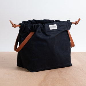 Knitting Project Bag BLACK Canvas and Golden Brown English Bridle Leather Project Bags for Knitting Made in USA