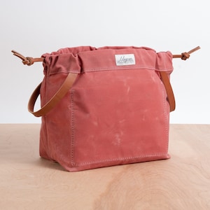 Knitting Project Bag, NAUTICAL RED Waxed Canvas and Leather Project Bag, Knitting Bag, Yarn Bag, Crochet Bag, Craft Bag, Drawstring Bag